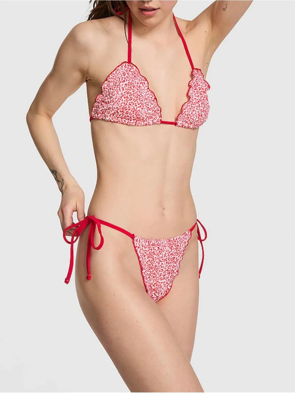 Frankies Bikinis Reign Triangle Bikini Set features a bold red leopard print